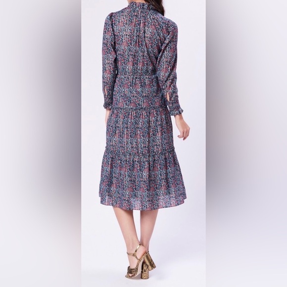 La Vie Rebecca Taylor Lilou Long Sleeve Ruffle Dress In Midnight Navy - Picture 2 of 7